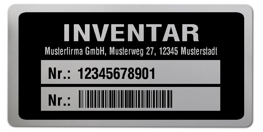 500x Inventaretiketten Folie silber, 68x34mm, 128B 11-stellig ff, Ihr Wunschtext, 1 Etikett pro Nummer