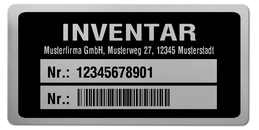 Inventaretiketten Material:Polyester-Folie Silberoptik matt Größe:68x34mm Kopfzeile:"Ihr Wunschtext" Barcode:128B Stellenanzahl:11-stellig Ausführung:1 Etikette pro Nummer Menge:500