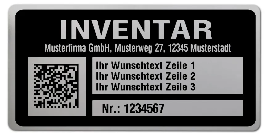 Inventaretiketten Material:Polyester-Folie Silberoptik matt Größe:68x34mm Kopfzeile:"Ihr Wunschtext" Barcode:DataMatrix Stellenanzahl:7-stellig Menge:100