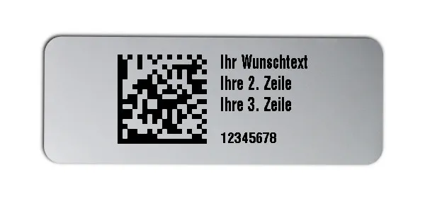 Universaletiketten Material:Folie silber matt Größe:40x15mm Kopfzeile:"Ihr Wunschtext" Barcode:DataMatrix Stellenanzahl:8-stellig Ausführung:4 Etiketten pro Nummer Menge:500