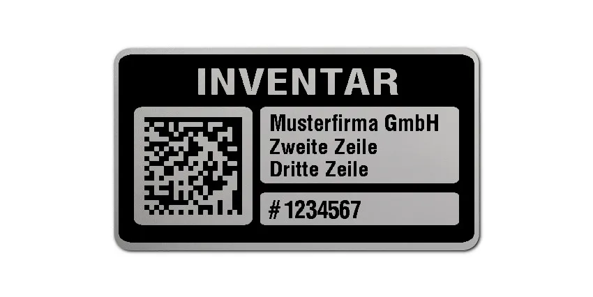 Inventaretiketten Material:Polyester-Folie Silberoptik matt Größe:45x25mm Kopfzeile:"Ihr Wunschtext" Barcode:DataMatrix Stellenanzahl:7-stellig Menge:500