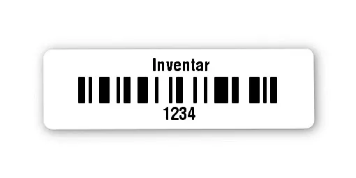 Inventaretiketten Universal Material:Folie weiß Größe:31x9mm Kopfzeile:"Inventar" Barcode:128C Stellenanzahl:4-stellig Ausführung:1 Etikett pro Nummer Etiketten je Rolle:1000