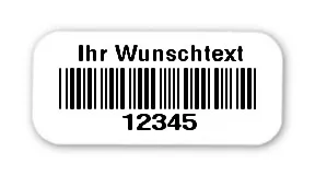 Universaletiketten Material:Folie weiß Größe:18x8mm Kopfzeile:"Ihr Wunschtext" Barcode:Code 39 ohne Prüfziffer Stellenanzahl:5-stellig Ausführung:1 Etikett pro Nummer Etiketten je Rolle:100