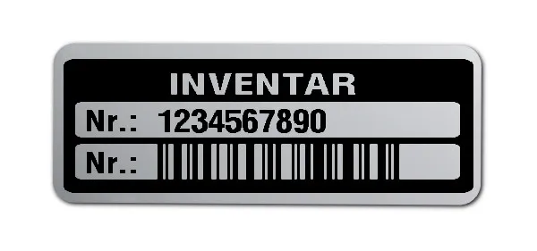 Inventaretiketten Material:Polyester-Folie Silberoptik matt Größe:40x15mm Kopfzeile:"Inventar" Barcode:128C Stellenanzahl:10-stellig Menge:500