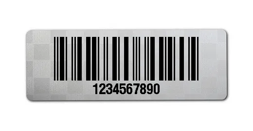 Universaletiketten Material:Polyester-Folie Silberoptik Siegeletikette Größe:36x13mm Kopfzeile:"ohne" Barcode:2a5 interleaved Stellenanzahl:10-stellig Ausführung:1 Etikette pro Nummer Menge:100