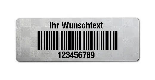 Siegeletiketten Material:Polyester-Folie Silberoptik Siegeletikette Größe:36x13mm Kopfzeile:"Ihr Wunschtext" Barcode:128B Stellenanzahl:9-stellig Menge:1000