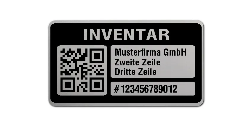Inventaretiketten Material:Polyester-Folie Silberoptik matt Größe:45x25mm Kopfzeile:"Ihr Wunschtext" Barcode:QR Stellenanzahl:12-stellig Menge:100