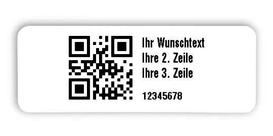 Universaletiketten Material:Patch Größe:40x15mm Kopfzeile:"Ihr Wunschtext" Barcode:QR Stellenanzahl:8-stellig Ausführung:1 Etikette pro Nummer Menge:100