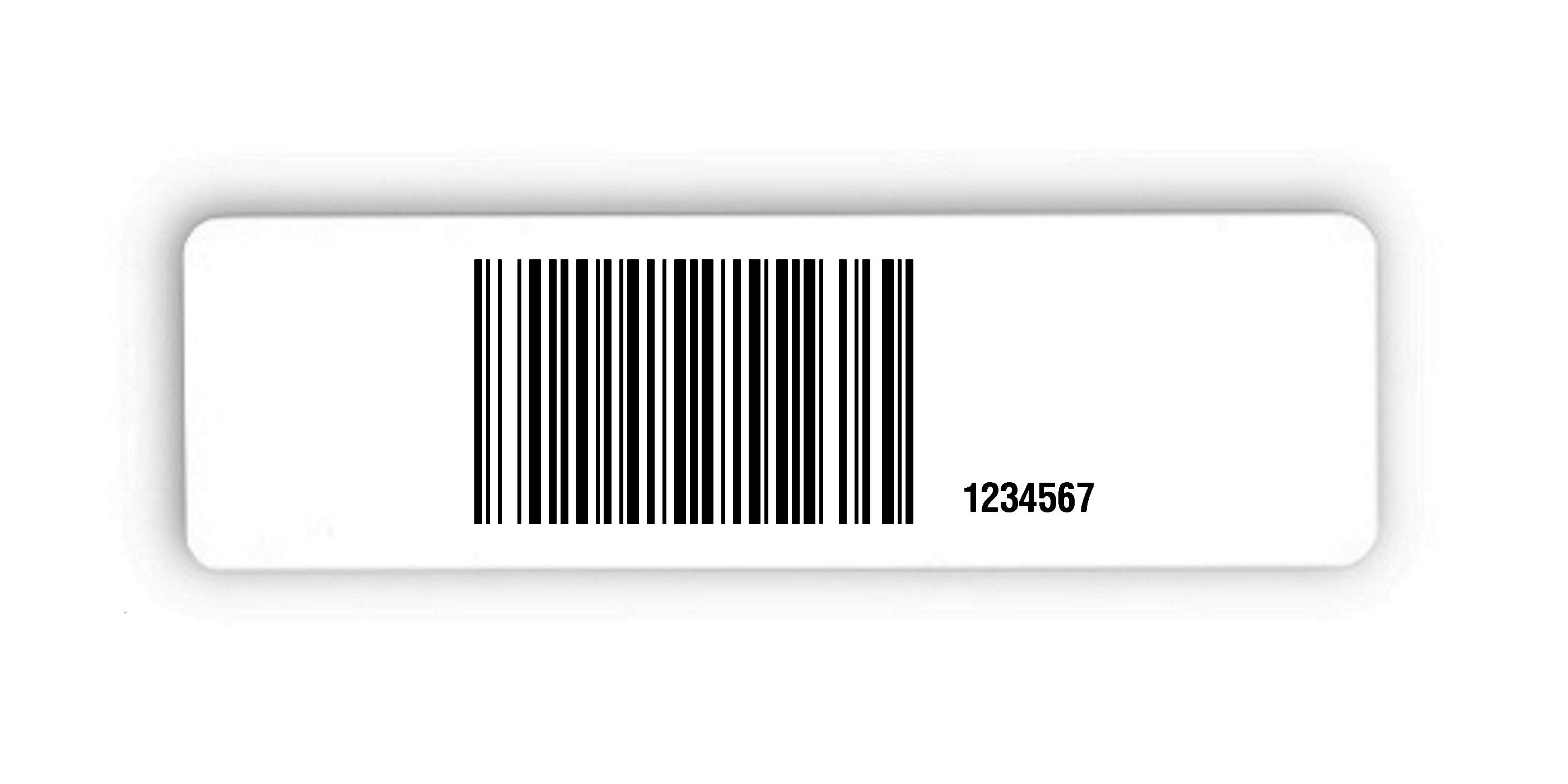 Universaletiketten Material:Polyethylen-Folie hochglänzend weiß Größe:150x50mm Kopfzeile:"ohne" Barcode:128B Stellenanzahl:7-stellig Ausführung:1 Etikette pro Nummer Menge:100