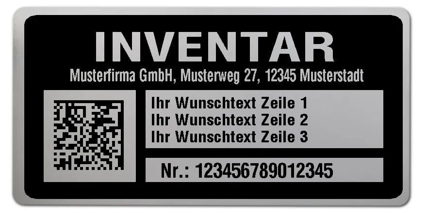 Inventaretiketten Material:Polyester-Folie Silberoptik matt Größe:68x34mm Kopfzeile:"Ihr Wunschtext" Barcode:DataMatrix Stellenanzahl:15-stellig Menge:100