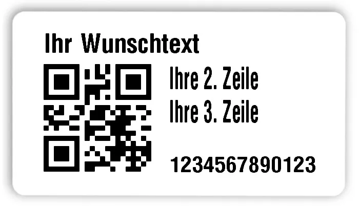 Universaletiketten Material:Folie hochglänzend weiß Größe:54x30mm Kopfzeile:"Ihr Wunschtext" Barcode:QR Stellenanzahl:13-stellig Ausführung:3 Etiketten pro Nummer Menge:300