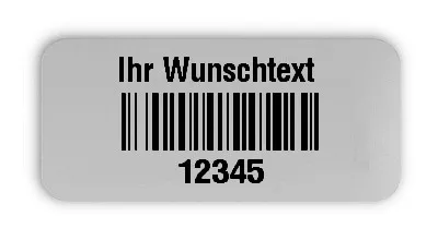 Universaletiketten Material:Polyester-Folie Silberoptik matt Größe:26x12mm Kopfzeile:"Ihr Wunschtext" Barcode:128B Stellenanzahl:5-stellig Ausführung:1 Etikette pro Nummer Menge:1000