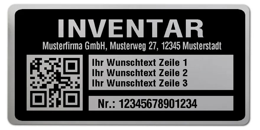Inventaretiketten Material:Polyester-Folie Silberoptik matt Größe:68x34mm Kopfzeile:"Ihr Wunschtext" Barcode:QR Stellenanzahl:14-stellig Menge:100