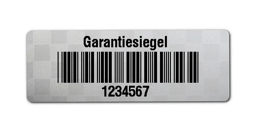 Siegeletiketten Material:Polyester-Folie Silberoptik Siegeletikette Größe:36x13mm Kopfzeile:"Garantiesiegel" Barcode:Code 39 ohne Prüfziffer Stellenanzahl:7-stellig Menge:1000