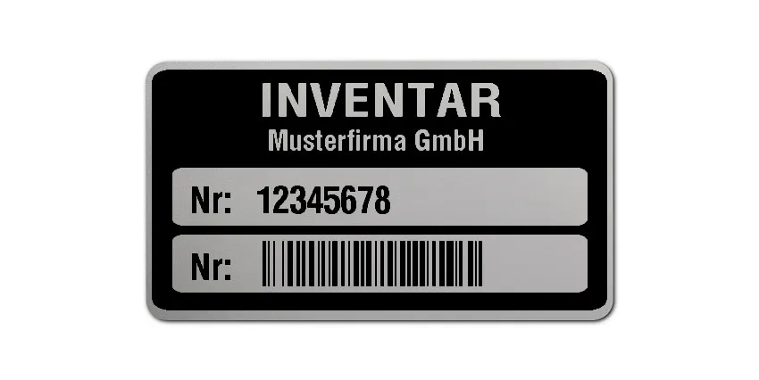 Inventaretiketten Material:Polyester-Folie Silberoptik matt Größe:45x25mm Kopfzeile:"Ihr Wunschtext" Barcode:128B Stellenanzahl:8-stellig Ausführung:1 Etikette pro Nummer Menge:100
