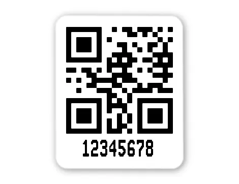 Universaletiketten Material:Polyethylen-Folie hochglänzend weiß Größe:26x22mm Kopfzeile:"ohne" Barcode:QR Stellenanzahl:8-stellig Ausführung:1 Etikette pro Nummer Menge:1000