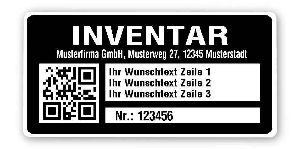 Inventaretiketten Material:Polyethylen-Folie hochglänzend weiß Größe:68x34mm Kopfzeile:"Ihr Wunschtext" Barcode:QR Stellenanzahl:6-stellig Menge:500