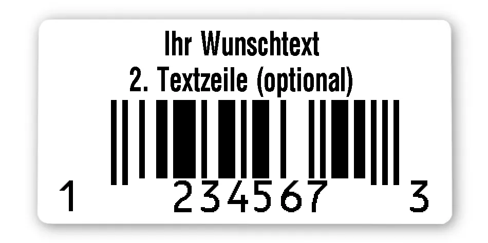 EAN Etiketten Material:Polyethylen-Folie hochglänzend weiß Größe:68x34mm Produkt:EAN Etiketten Kopfzeile:"Ihr Wunschtext" Größe:68x34mm Barcode:UPC E Stellenanzahl:7-stellig Ausführung:1 Etikette pro Nummer Menge:1000
