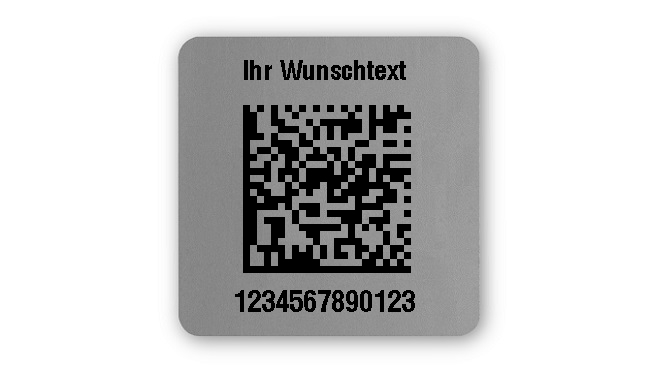 500x Etiketten Folie silber, 26x26mm, DataMatrix 13-stellig ff, Ihr Wunschtext, 4 Etiketten pro Nummer