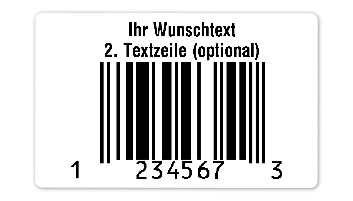 EAN Etiketten Material:Polyethylen-Folie hochglänzend weiß Größe:80x50mm Produkt:EAN Etiketten Kopfzeile:"Ihr Wunschtext" Größe:80x50mm Barcode:UPC E Stellenanzahl:7-stellig Ausführung:1 Etikette pro Nummer Menge:500