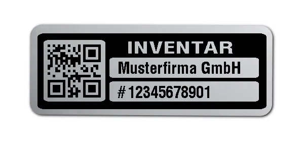 Inventaretiketten Material:Polyester-Folie Silberoptik matt Größe:40x15mm Kopfzeile:"Ihr Wunschtext" Barcode:QR Stellenanzahl:11-stellig Menge:100