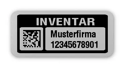 Inventaretiketten Material:Polyester-Folie Silberoptik matt Größe:26x12mm Kopfzeile:"Ihr Wunschtext" Barcode:DataMatrix Stellenanzahl:11-stellig Menge:100
