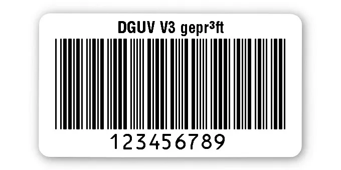 Prüfetiketten Material:Polyethylen-Folie hochglänzend weiß Größe:45x25mm Kopfzeile:"DGUV V3 geprüft" Barcode:Code 39 ohne Prüfziffer Stellenanzahl:9-stellig Ausführung:1 Etikette pro Nummer Menge:1000