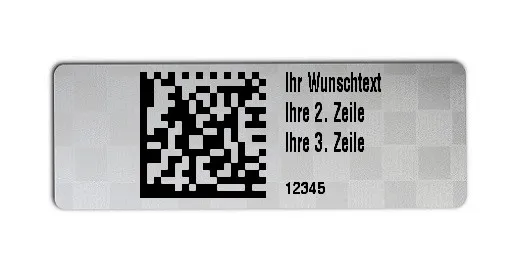 Universaletiketten Material:Siegeletikett Größe:36x13mm Kopfzeile:"Ihr Wunschtext" Barcode:DataMatrix Stellenanzahl:5-stellig Ausführung:4 Etiketten pro Nummer Etiketten je Rolle:100