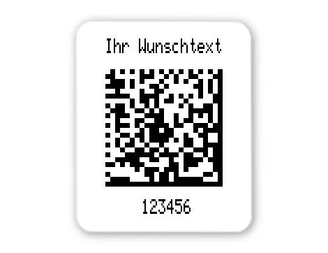 Universaletiketten Material:Polyethylen-Folie hochglänzend weiß Größe:26x22mm Kopfzeile:"Ihr Wunschtext" Barcode:DataMatrix Stellenanzahl:6-stellig Ausführung:1 Etikette pro Nummer Menge:1000