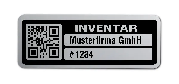 Inventaretiketten Material:Polyester-Folie Silberoptik matt Größe:40x15mm Kopfzeile:"Ihr Wunschtext" Barcode:QR Stellenanzahl:4-stellig Menge:100
