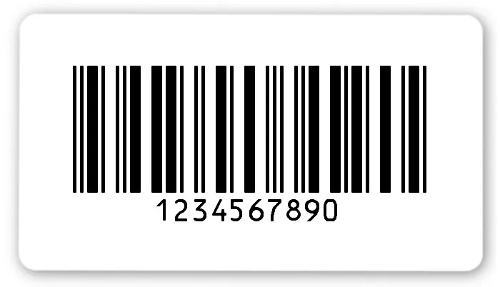 Universaletiketten Material:Folie hochglänzend weiß Größe:54x30mm Kopfzeile:"ohne" Barcode:2a5 interleaved Stellenanzahl:10-stellig Ausführung:3 Etiketten pro Nummer Menge:300