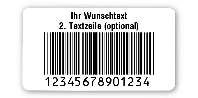 Prüfetiketten Material:Polyethylen-Folie hochglänzend weiß Größe:45x25mm Kopfzeile:"Ihr Wunschtext" Barcode:128B Stellenanzahl:14-stellig Ausführung:1 Etikette pro Nummer Menge:500