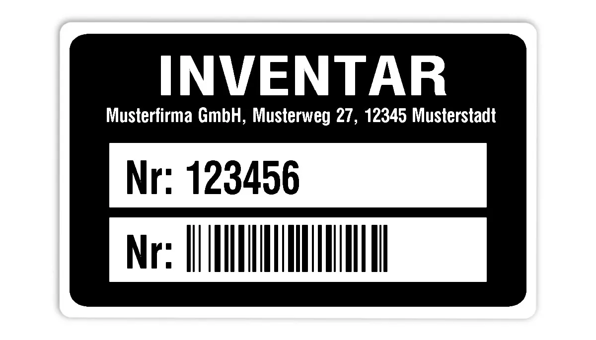 Inventaretiketten Material:Polyethylen-Folie hochglänzend weiß Größe:80x50mm Kopfzeile:"Ihr Wunschtext" Barcode:128B Stellenanzahl:6-stellig Ausführung:1 Etikette pro Nummer Menge:100