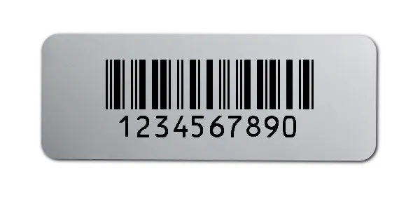Universaletiketten Material:Polyester-Folie Silberoptik matt Größe:40x15mm Kopfzeile:"ohne" Barcode:2a5 interleaved Stellenanzahl:10-stellig Ausführung:1 Etikette pro Nummer Menge:1000