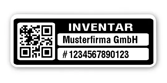 Inventaretiketten Material:Polyethylen-Folie hochglänzend weiß Größe:40x15mm Kopfzeile:"Ihr Wunschtext" Barcode:QR Stellenanzahl:13-stellig Menge:1000