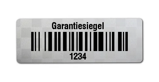 Siegeletiketten Material:Polyester-Folie Silberoptik Siegeletikette Größe:36x13mm Kopfzeile:"Garantiesiegel" Barcode:128B Stellenanzahl:4-stellig Menge:1000