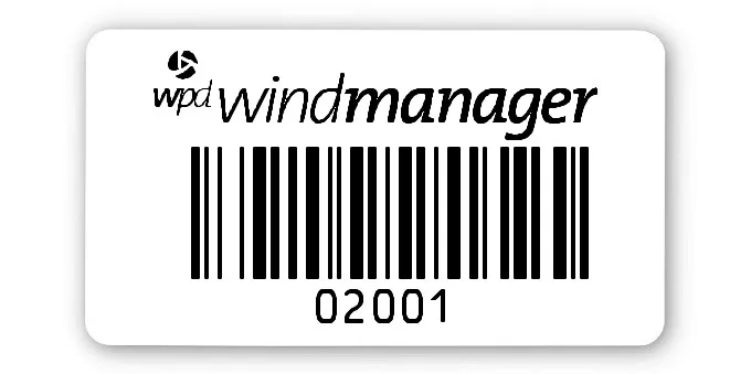 Sonderetiketten Material:Polyethylen-Folie hochglänzend weiß Größe:45x25mm Logo:Mit Logo Barcode:128B Stellenanzahl:5-stellig Ausführung:1 Etikette pro Nummer Menge:1000