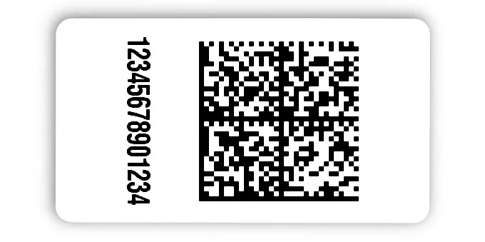 Universaletiketten Material:Folie hochglänzend weiß Größe:45x25mm Kopfzeile:"ohne" Barcode:DataMatrix Stellenanzahl:14-stellig Ausführung:4 Etiketten pro Nummer Menge:100