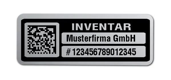 Inventaretiketten Material:Polyester-Folie Silberoptik matt Größe:40x15mm Kopfzeile:"Ihr Wunschtext" Barcode:DataMatrix Stellenanzahl:15-stellig Menge:500