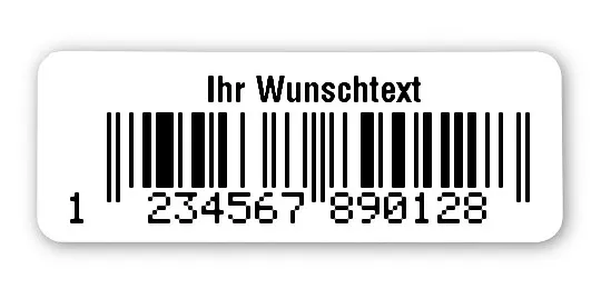 Universaletiketten Material:Folie hochglänzend weiß Größe:40x15mm Kopfzeile:"Ihr Wunschtext" Barcode:EAN 13 Stellenanzahl:13-stellig Ausführung:4 Etiketten pro Nummer Menge:1000