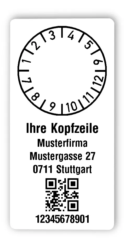 Prüfplakettenträger Material:Polyethylen-Folie hochglänzend weiß Größe:68x34mm Kopfzeile:"Ihr Wunschtext" Barcode:QR Stellenanzahl:11-stellig Ausführung:1 Etikette pro Nummer Menge:300