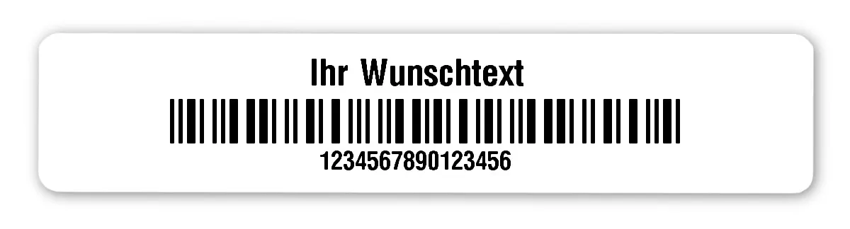 Universaletiketten Material:Polyethylen-Folie weiß matt opak Größe:77x16mm Kopfzeile:"Ihr Wunschtext" Barcode:2a5 interleaved Stellenanzahl:16-stellig Ausführung:1 Etikette pro Nummer Menge:100