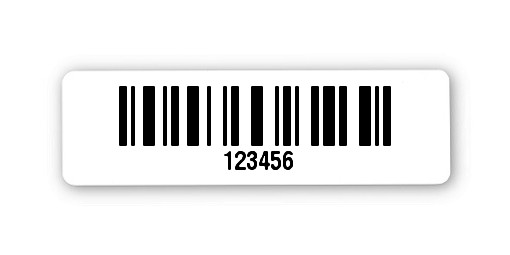 Universaletiketten Material:Folie hochglänzend weiß Größe:31x9mm Kopfzeile:"ohne" Barcode:128C Stellenanzahl:6-stellig Ausführung:4 Etiketten pro Nummer Menge:100