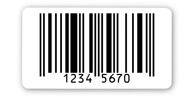 EAN Etiketten Material:Polyethylen-Folie hochglänzend weiß Größe:45x25mm Kopfzeile:"ohne" Barcode:UPC E Stellenanzahl:7-stellig Menge:500