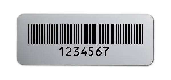 Universaletiketten Material:Polyester-Folie Silberoptik matt Größe:40x15mm Kopfzeile:"ohne" Barcode:Code 39 ohne Prüfziffer Stellenanzahl:7-stellig Ausführung:1 Etikette pro Nummer Menge:500