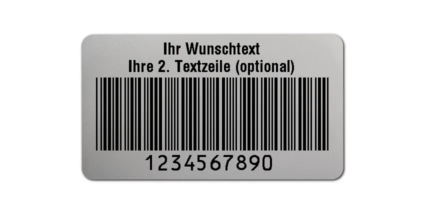 Universaletiketten Material:Polyester-Folie Silberoptik matt Größe:45x25mm Kopfzeile:"Ihr Wunschtext" Barcode:Code 39 ohne Prüfziffer Stellenanzahl:10-stellig Ausführung:1 Etikette pro Nummer Menge:100