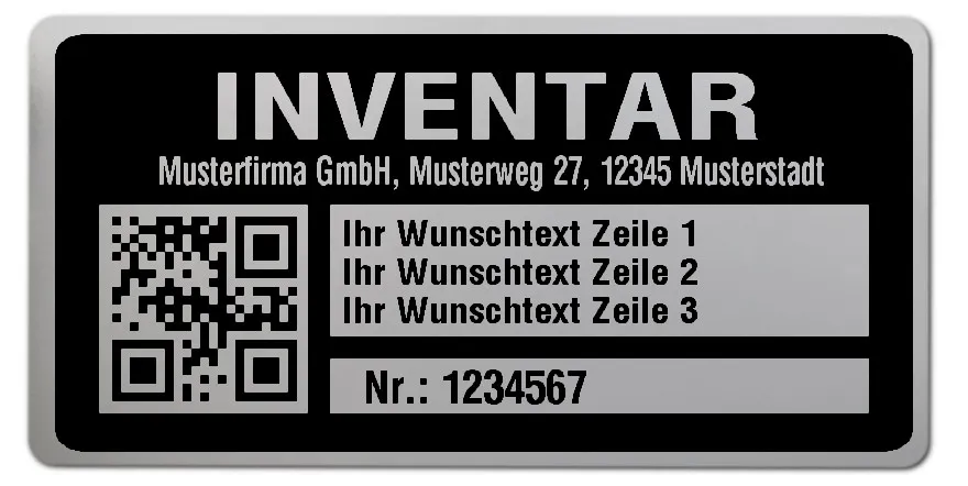Inventaretiketten Material:Polyester-Folie Silberoptik matt Größe:68x34mm Kopfzeile:"Ihr Wunschtext" Barcode:QR Stellenanzahl:7-stellig Menge:100