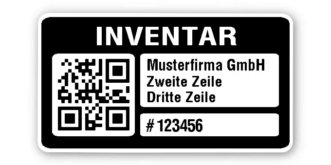 Inventaretiketten Material:Polyethylen-Folie hochglänzend weiß Größe:45x25mm Kopfzeile:"Ihr Wunschtext" Barcode:QR Stellenanzahl:6-stellig Menge:100