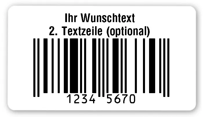 EAN Etiketten Material:Polyethylen-Folie hochglänzend weiß Größe:54x30mm Produkt:EAN Etiketten Kopfzeile:"Ihr Wunschtext" Größe:80x50mm Barcode:EAN 8 Stellenanzahl:8-stellig Ausführung:1 Etikette pro Nummer Menge:1000