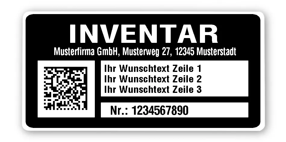 Inventaretiketten Material:Polyethylen-Folie hochglänzend weiß Größe:68x34mm Kopfzeile:"Ihr Wunschtext" Barcode:DataMatrix Stellenanzahl:10-stellig Menge:500